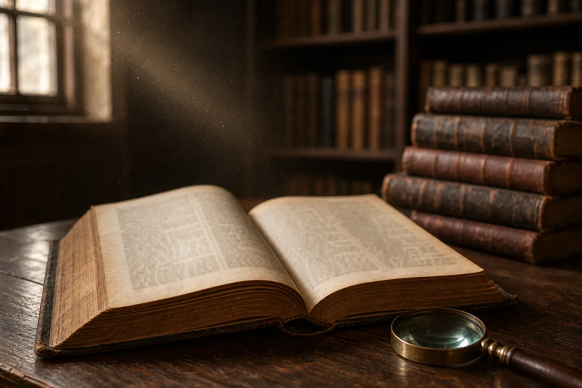 Vieux dictionnaire français ouvert sur une table en bois, ambiance historique