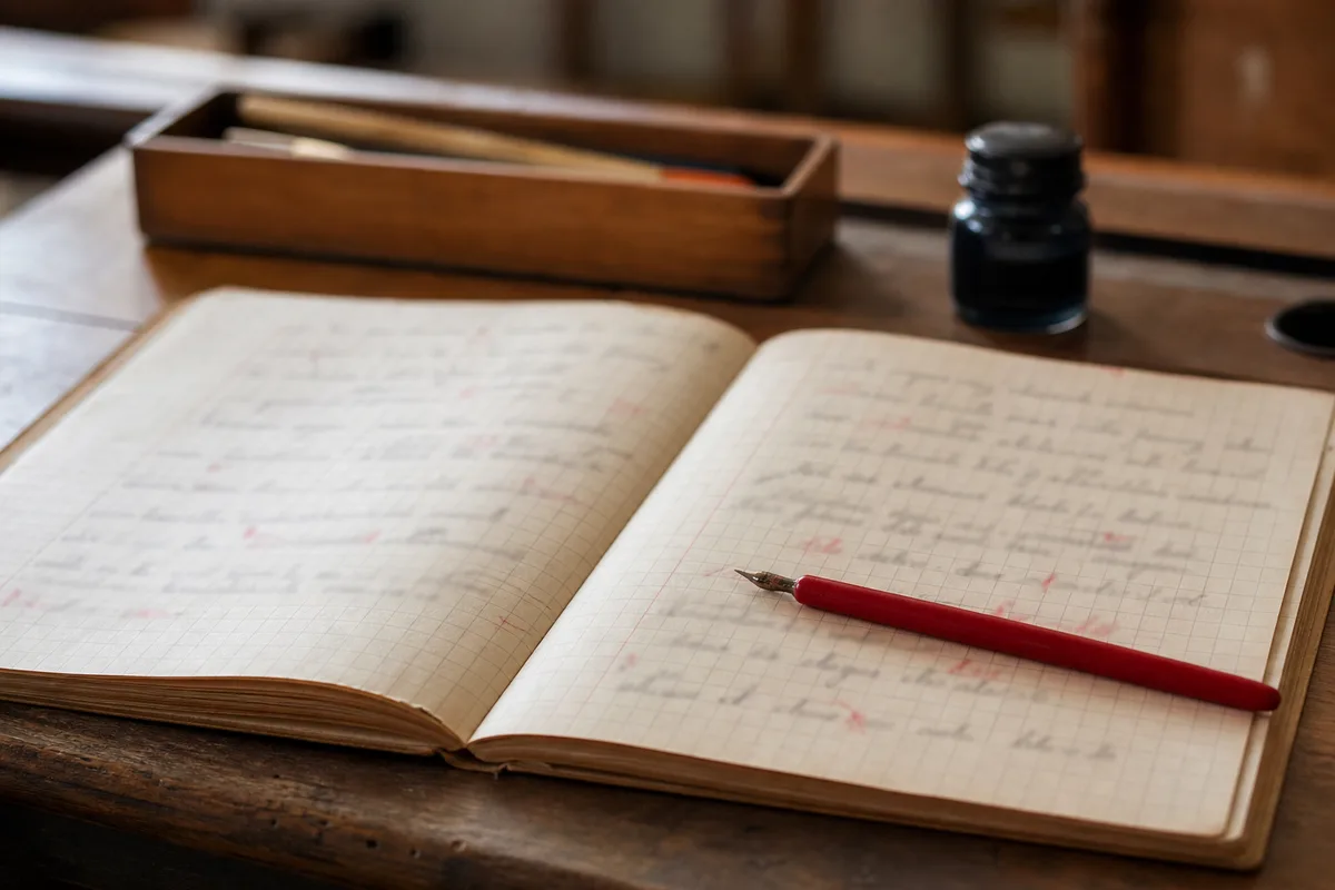Cahier d’écolier flouté et stylo rouge, symbole des verbes pronominaux