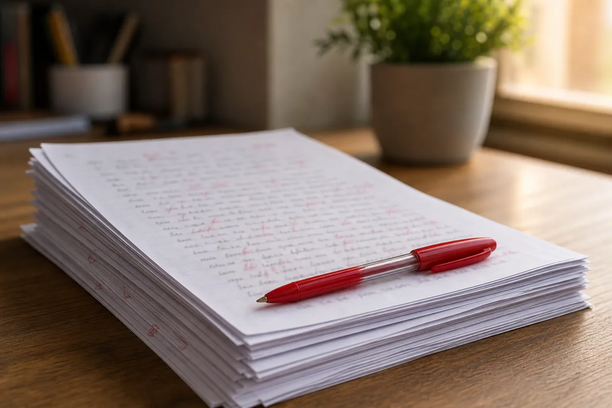 Pile de copies corrigées à l’encre rouge, symbole des cas particuliers