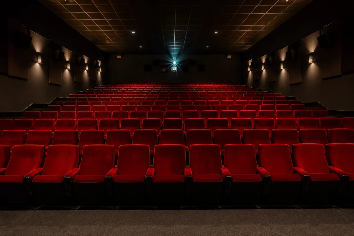 Salle de cinéma vide vue depuis la scène, fauteuils rouges alignés, lumière rasante de projecteur de service