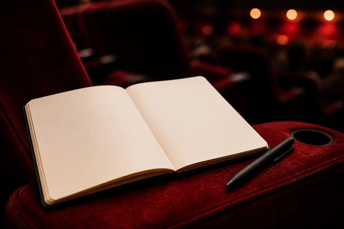 Carnet ouvert à pages vierges et stylo posés sur l’accoudoir en velours d’un fauteuil de cinéma