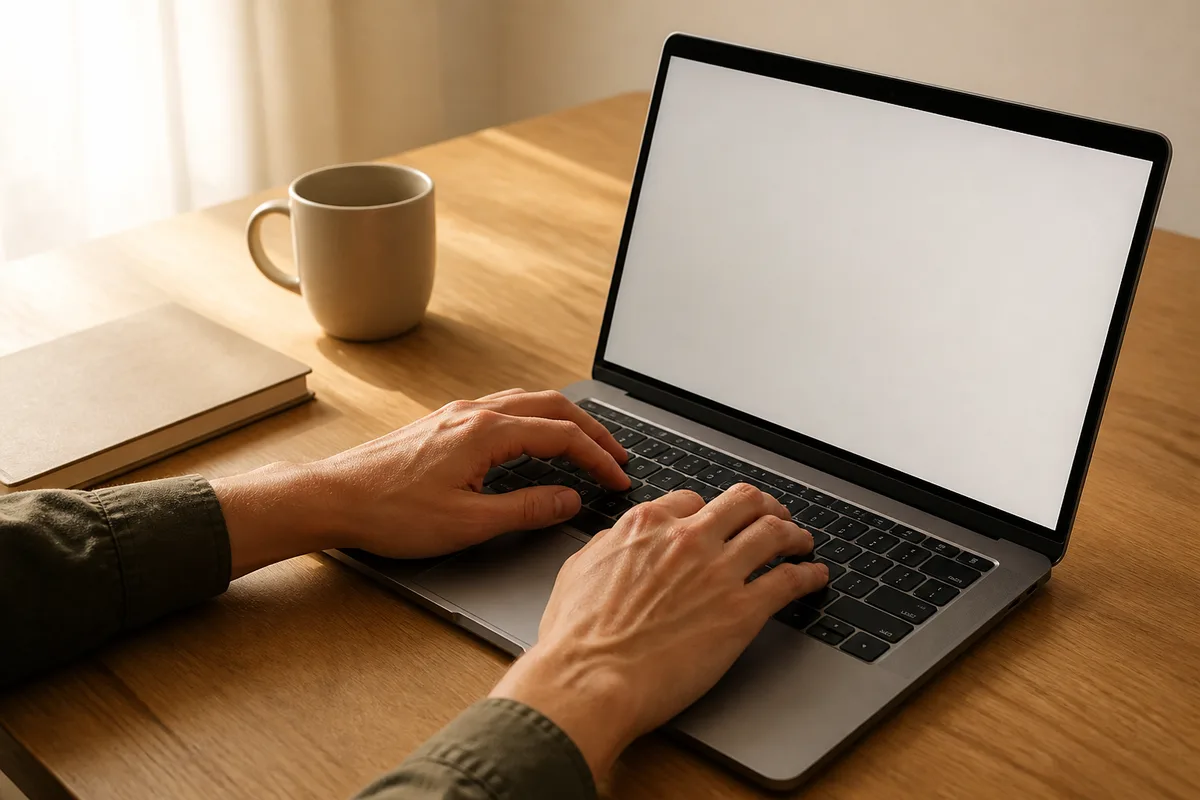 Mains d’adulte tapant sur le clavier d’un ordinateur portable, table en bois clair, lumière de fin d’après-midi