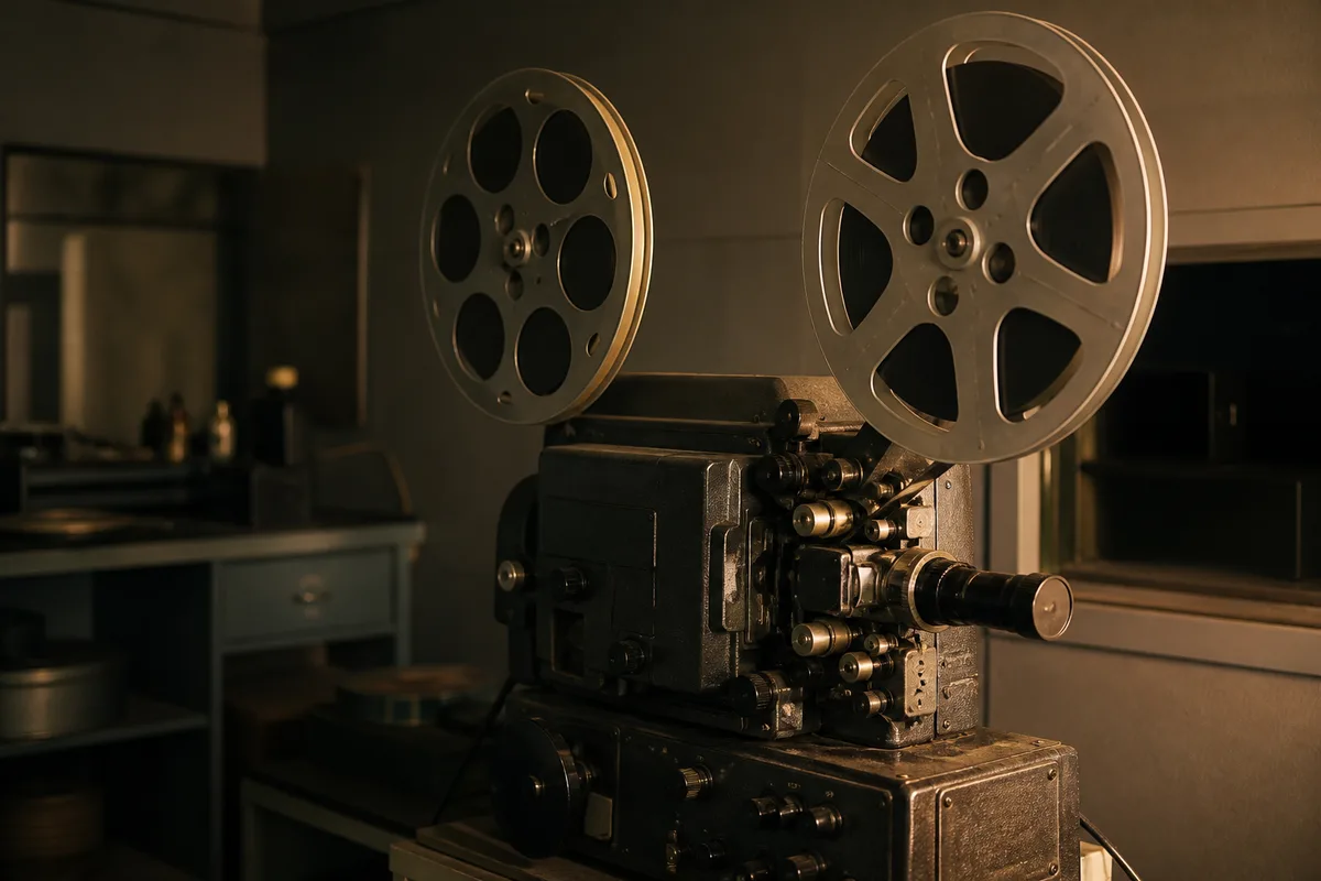 Cabine de projection avec projecteur 35 mm et bobines métalliques, lumière chaude rasante