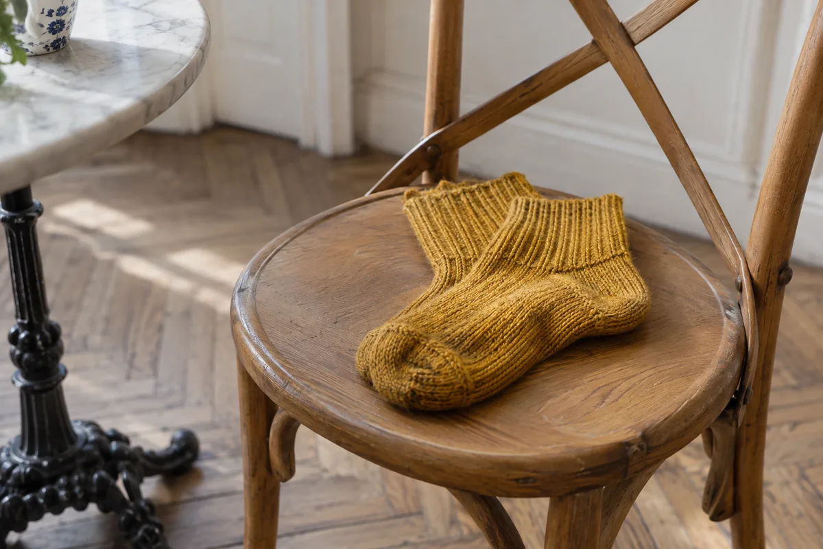 Chaussettes en laine posées sur l&rsquo;assise d&rsquo;une chaise en bois, lumière naturelle d&rsquo;une fenêtre