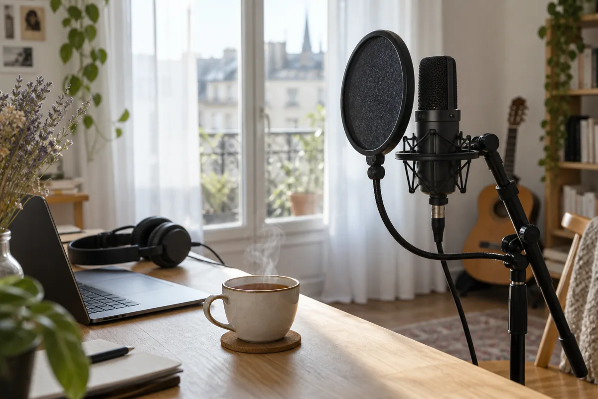 Micro de studio sur pied devant une fenêtre lumineuse, voilage clair en arrière-plan