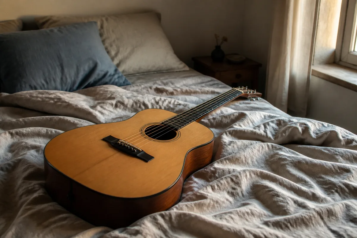 Guitare acoustique posée sur un lit défait dans une chambre en fin de journée