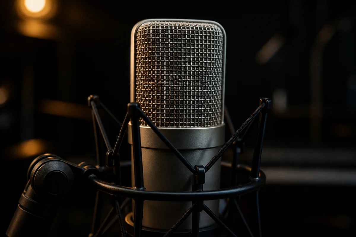 Micro de studio en gros plan sur pied, fond sombre et lumière rasante