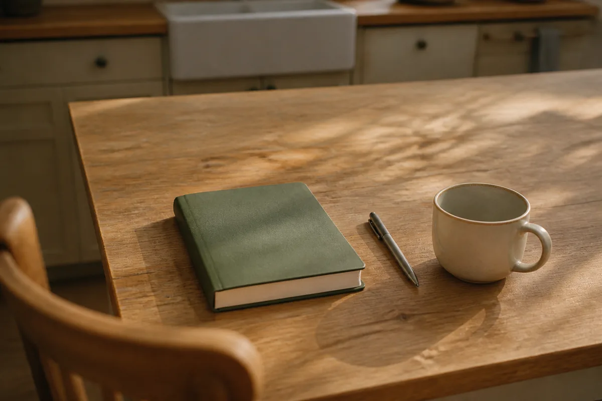Table de cuisine en bois avec un stylo posé près d’un carnet fermé, lumière de fin d’après-midi