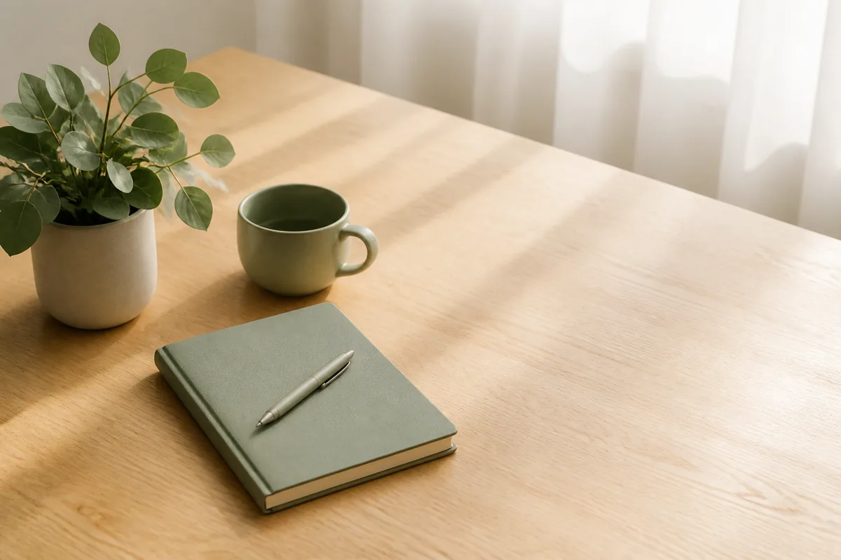 Carnet fermé et stylo posés sur un bureau clair, séance de travail sur le vocabulaire technique