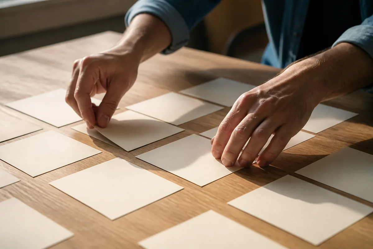 Mains classant des fiches cartonnées vierges sur une table en bois clair