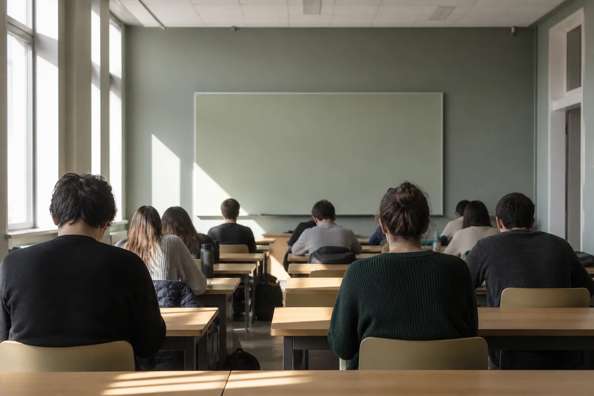 Salle de classe vue depuis le fond, silhouettes d’élèves de dos face à un tableau clair