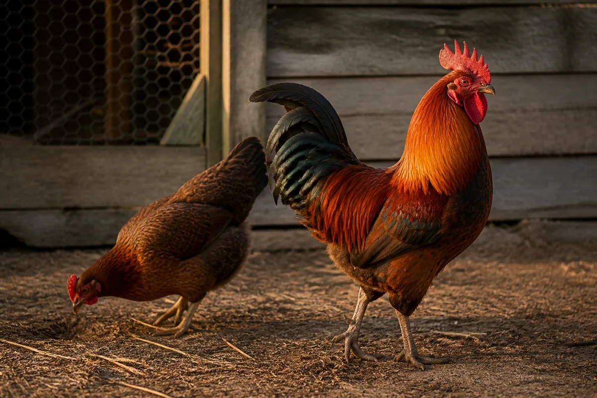 Un coq et une poule sur le sol de terre battue d’une basse-cour, lumière rasante de fin de journée